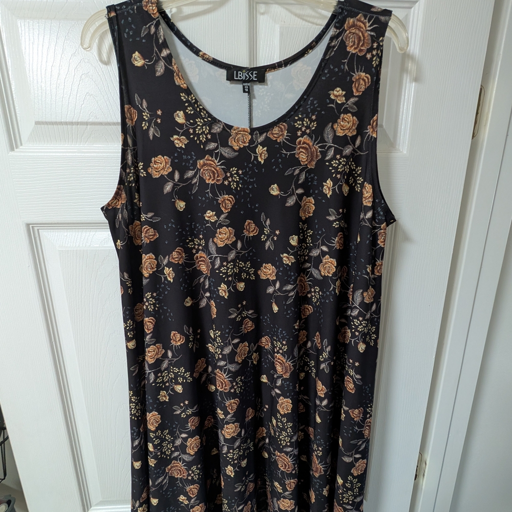 Black & Gold Floral Sleeveless Midi Dress - Scoop Neck - Size 1X
